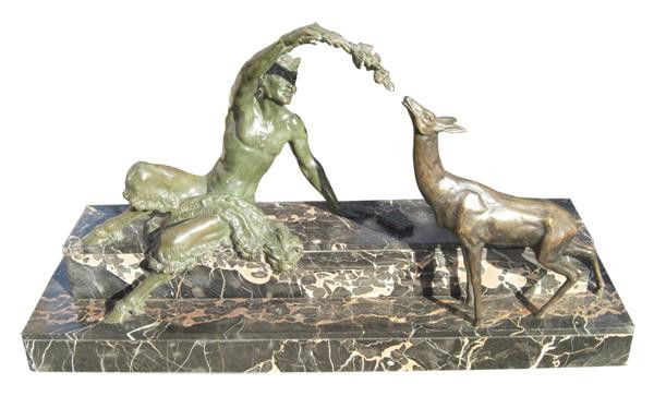 Bronze "Satyr & Deer" on marble base by Bouraine: signed Bouraine (Marcel Antoine Bouraine, French 1886-1948). 31"l x 17.25"h x 7.75"d