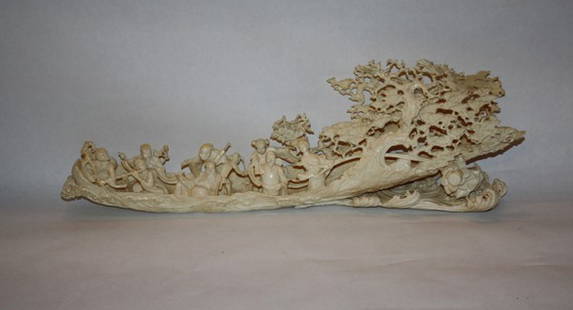 Chinese carved ivory tusk -21.5"l: Elaborate relief carving with 8 figures and a ginko tree.