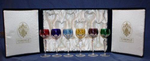 Set of 6 Faberge Lausanne Liqueur Glasses: Set of 6 Faberge multicolored crystal cordial glasses with box and papers.