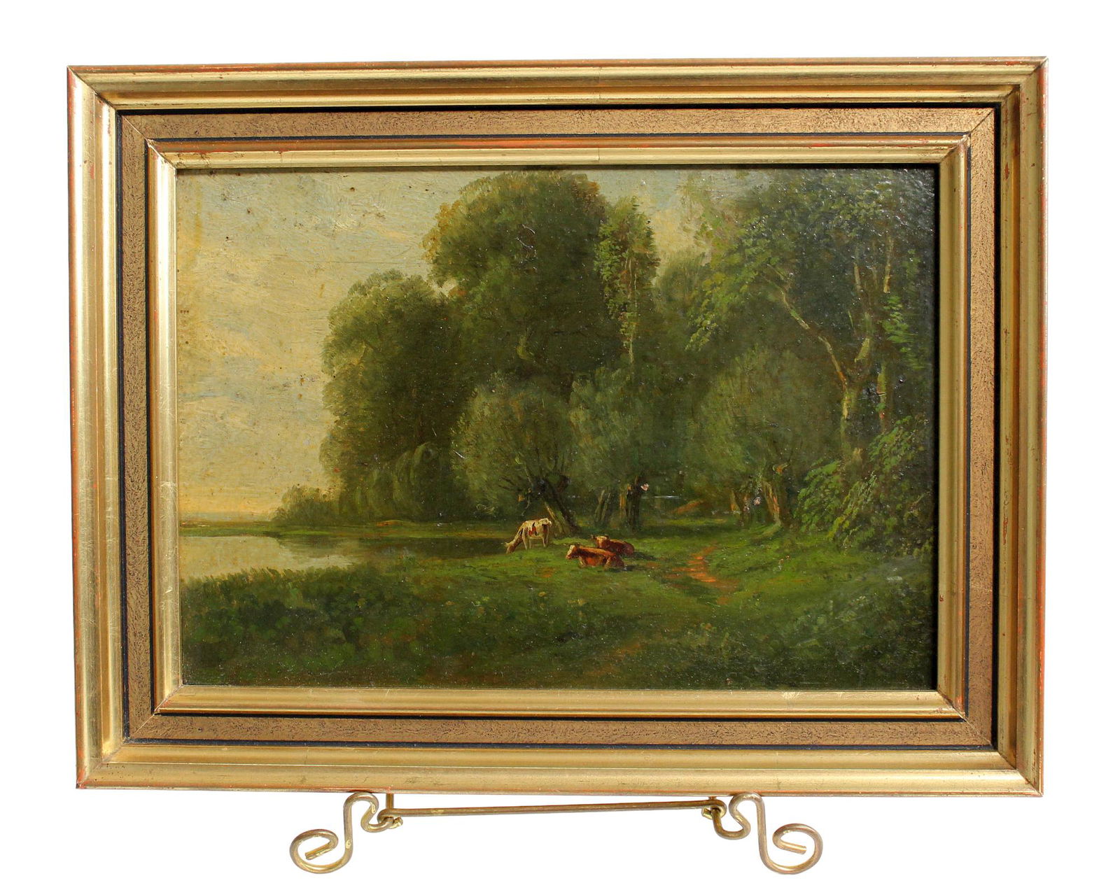French Miniature oil on board pastoral landscape with cows (1 of 5)