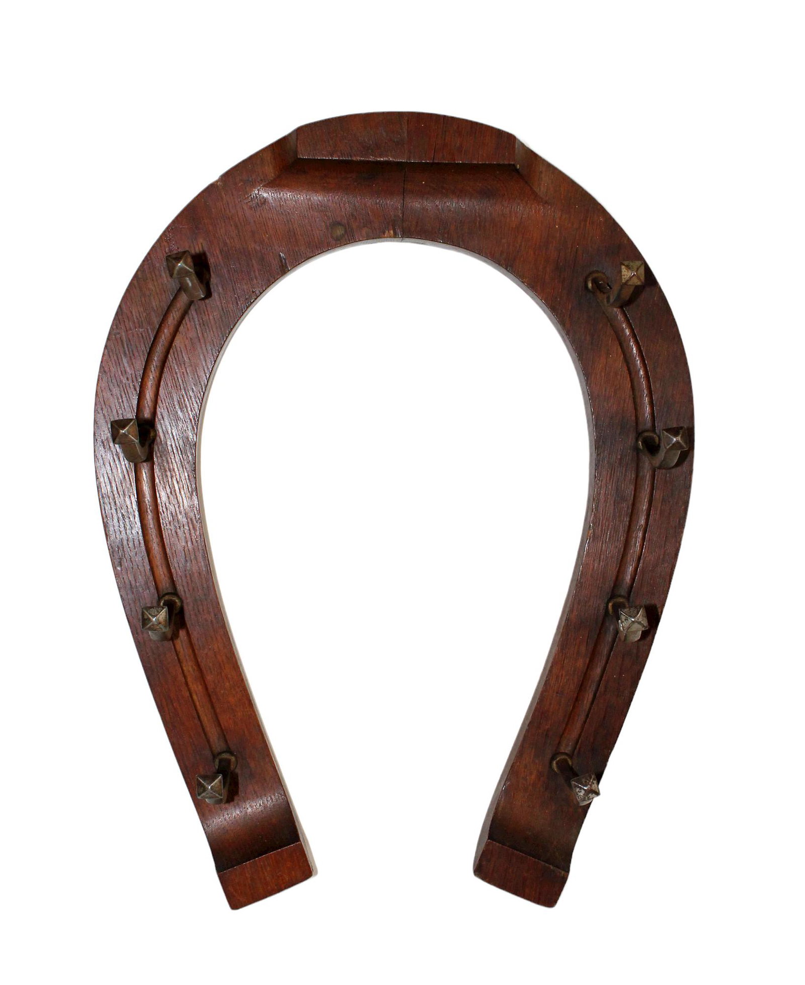 French carved oak horseshoe gun rack with iron hooks: French carved oak horseshoe gun rack with iron hooks. Early 20th century. 19"h x 14"w x 4 1/2"D