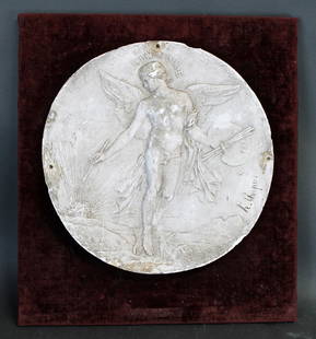 French Henri-Michel Antoine Chapu plaster plaque: French Henri-Michel Antoine Chapu plaster plaque depicting artistic muse. 20 1/4"h x 18 1/4"w x 2"d