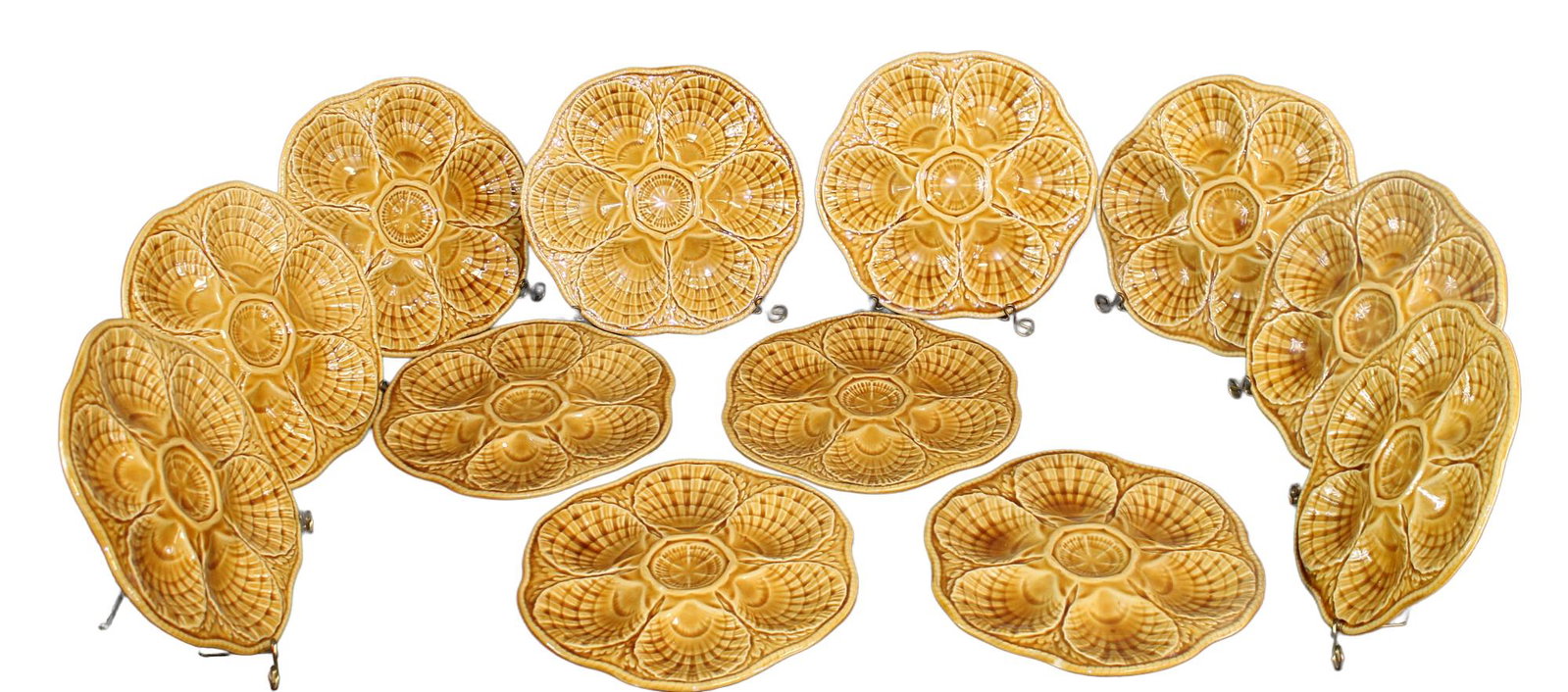 Set of 12 French Sarreguemines Majolica oyster plates: Set of 12 French Sarreguemines Majolica oyster plates. 10 1/4"dia