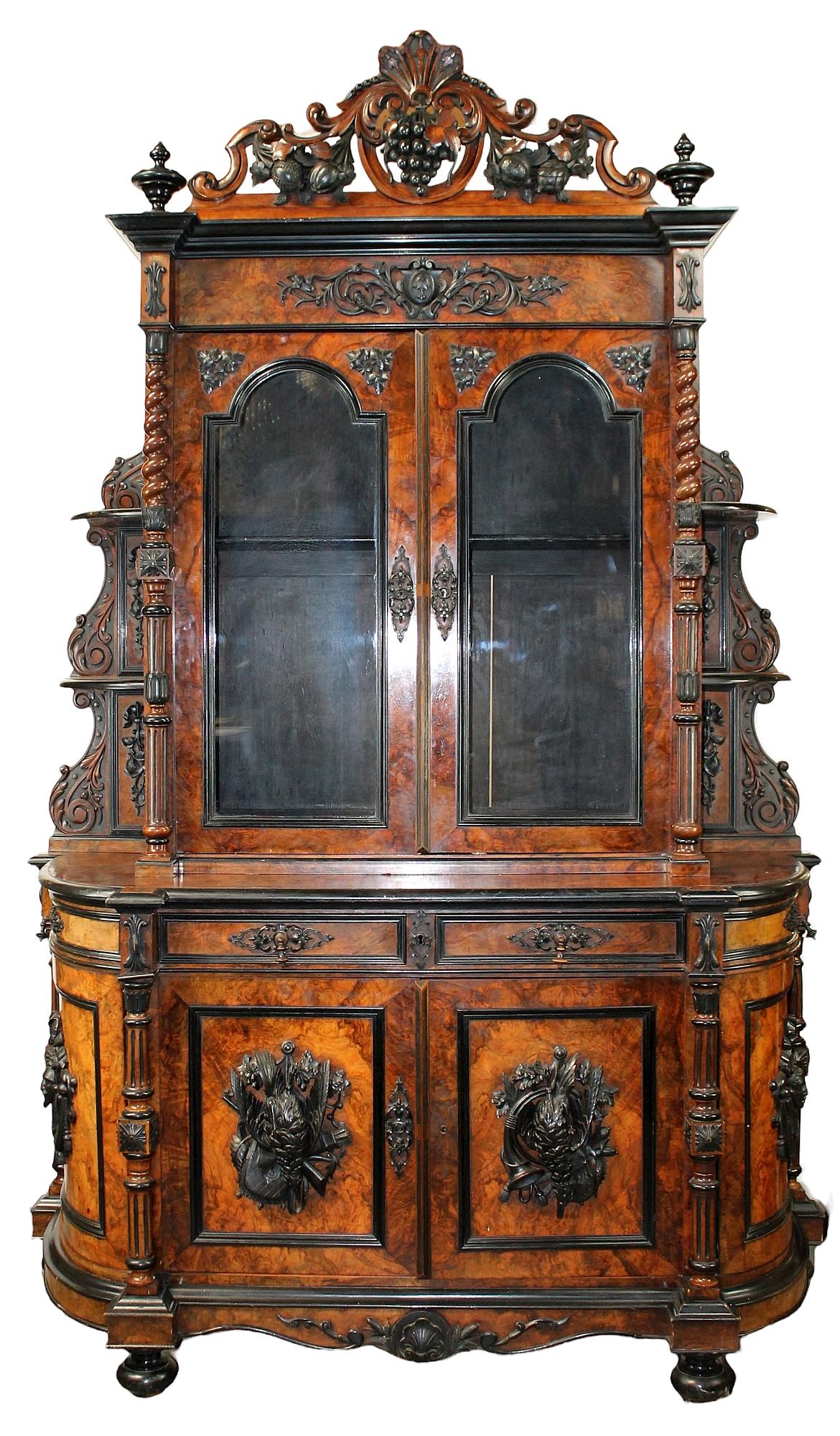 French Napoleon III hunt buffet in carved walnut with ebonized trim (1 of 11)