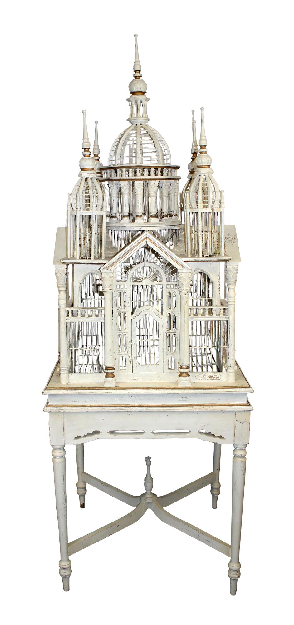 Painted wood cathedral birdcage on stand (1 of 8)
