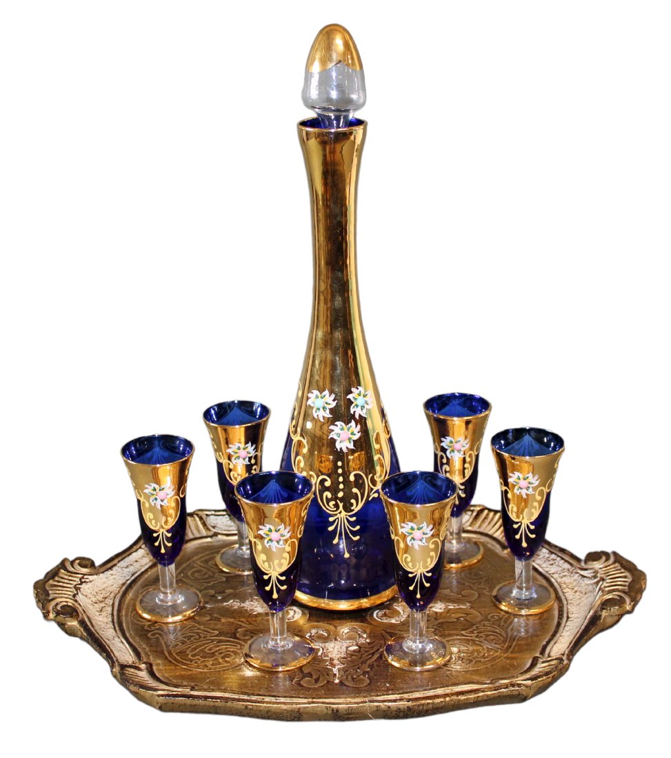 Italian painted cobalt glass decanter & cordial set (1 of 8)