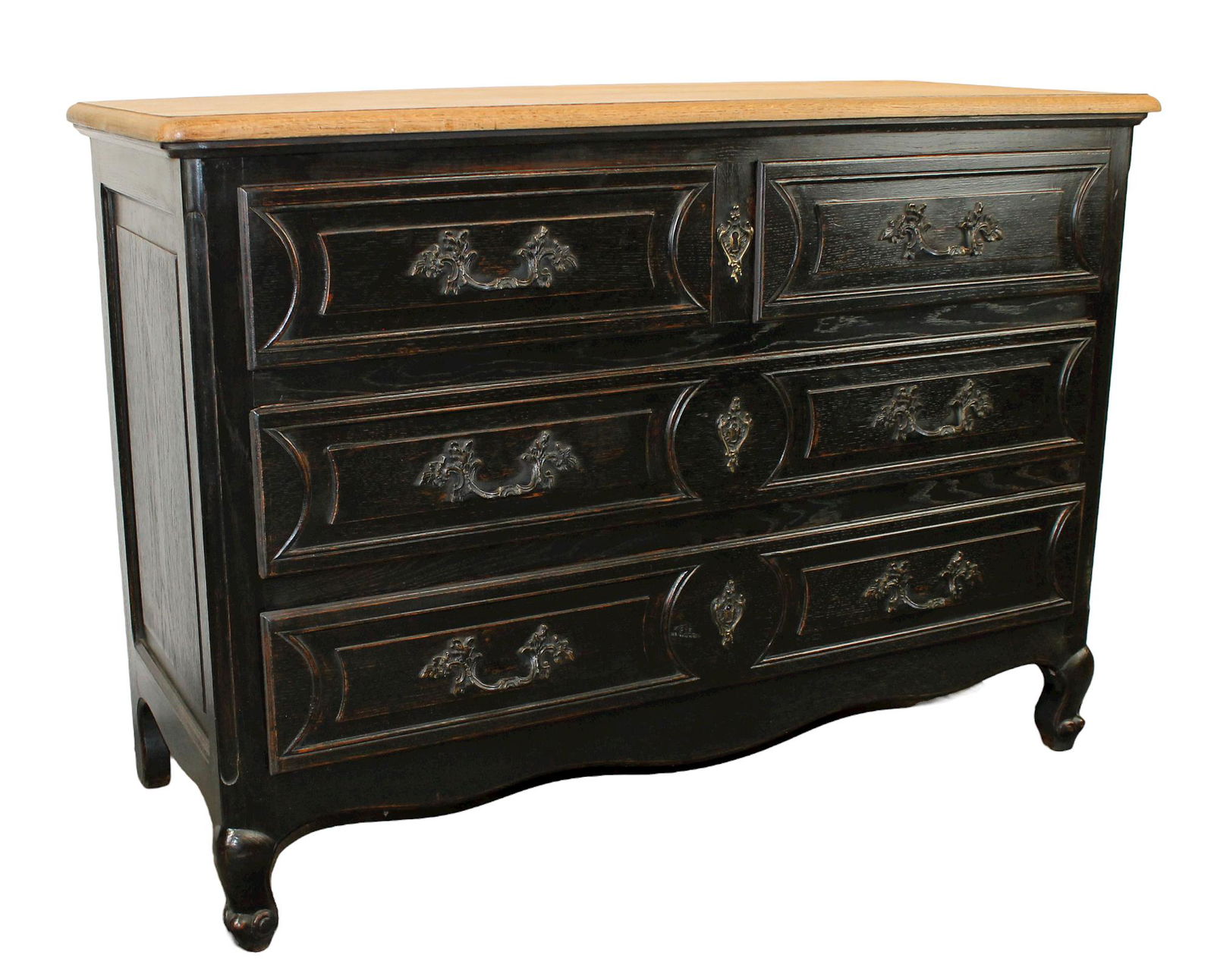 French Louis XV style 4 drawer commode with natural top: Black painted LXV style commode with natural oak top. 34"h x 47 1/2"w x 19 3/4"d