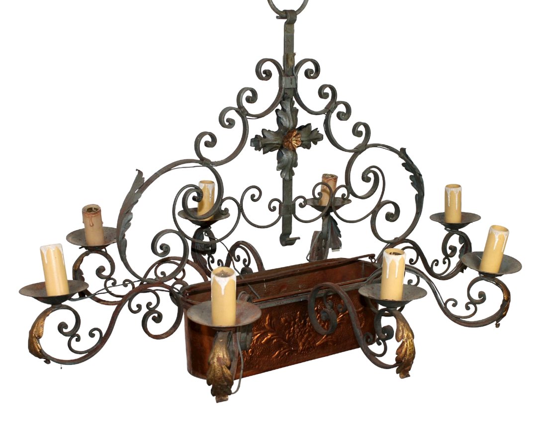 French iron 8 arm chandelier with copper fish pot: French iron 8-arm chandelier with copper pot. Mid 20th century. 50" drop x 40 1/4"w overall