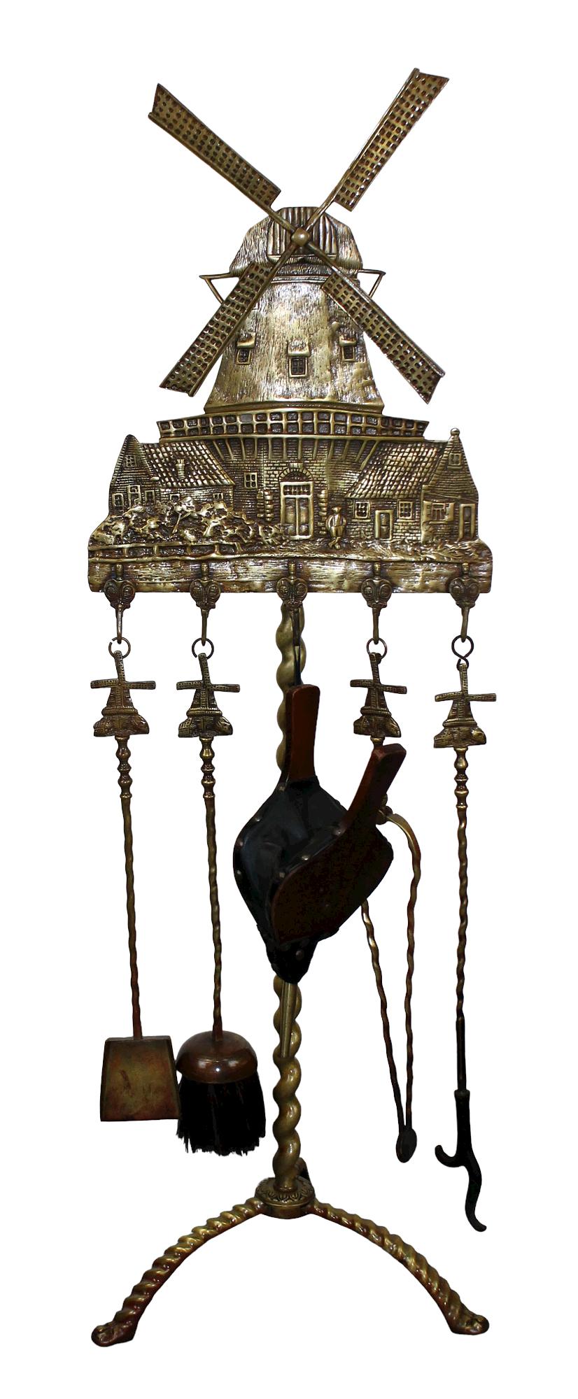 Antique Dutch brass Windmill fireplace tool set: Antique Dutch brass Windmill fireplace tool set. Circa 1900. Windmill spins. 51"h x 16 1/2"w x 17"d