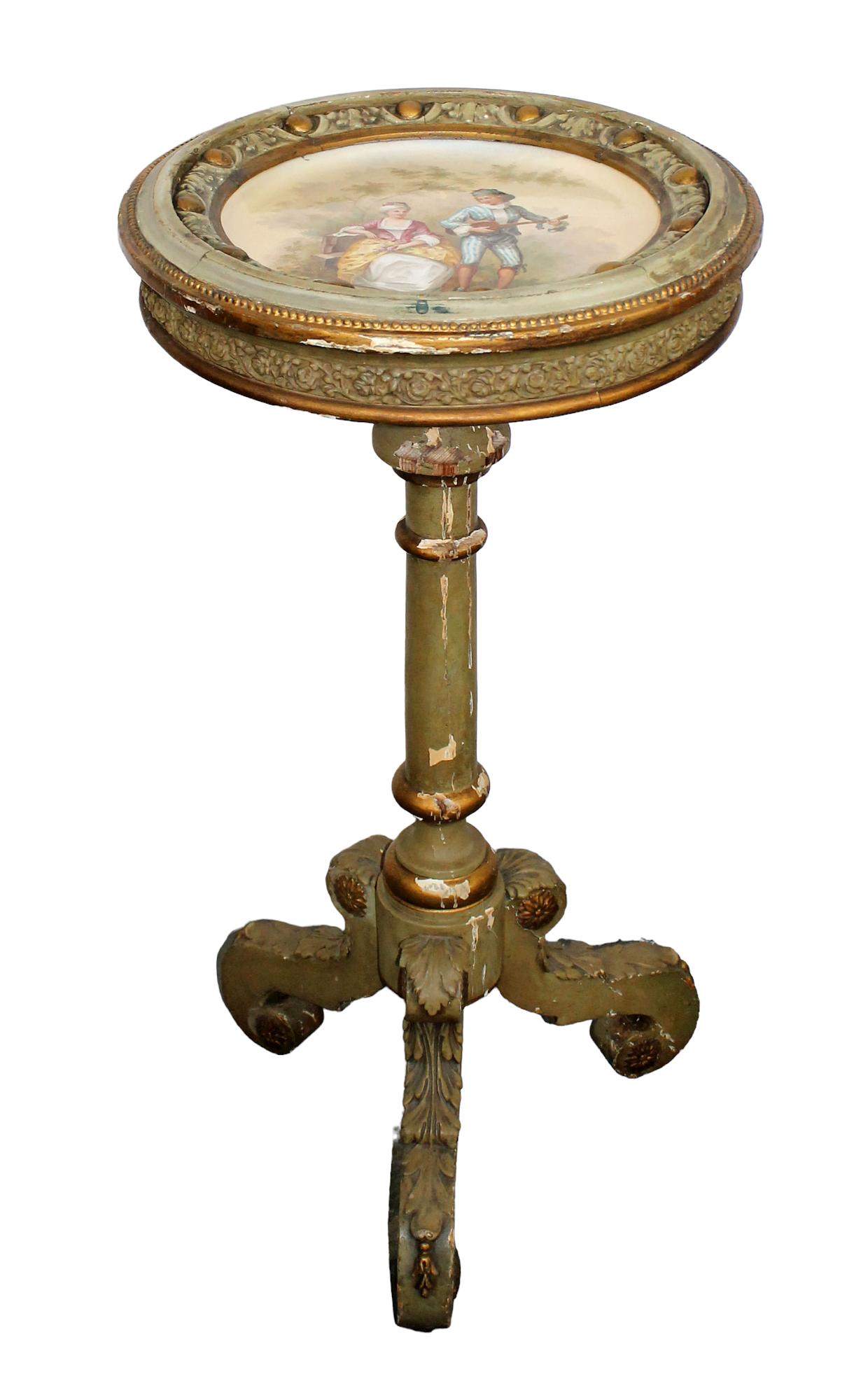 French Louis XVI gueridon table with porcelain plate: French Louis XVI painted gueridon table with porcelain plate. Early 19th century. 31 1/4"h x 15 1/2" dia