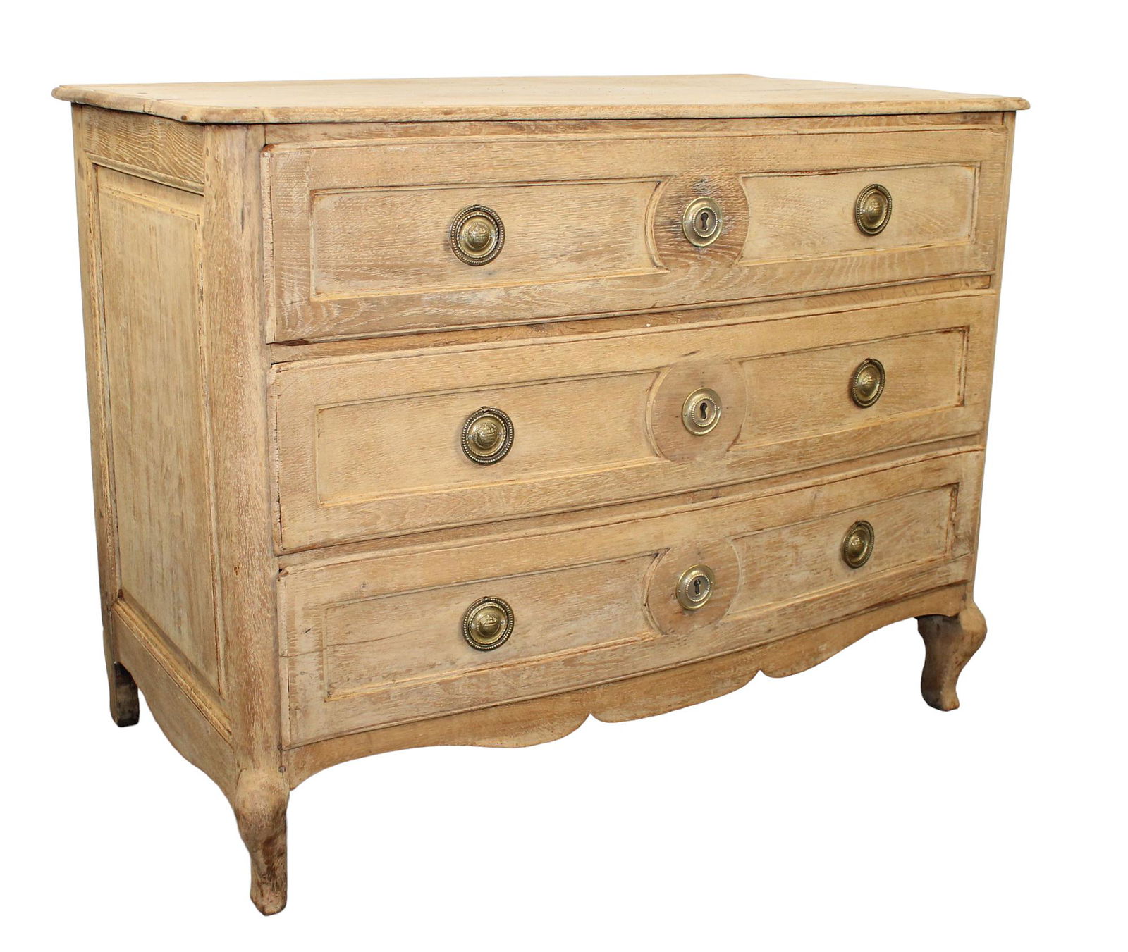 French 18th c bleached oak 3 drawer commode: French 18th c bleached oak 3 drawer commode. 33"h x 41 3/4"w x 23 3/4"d