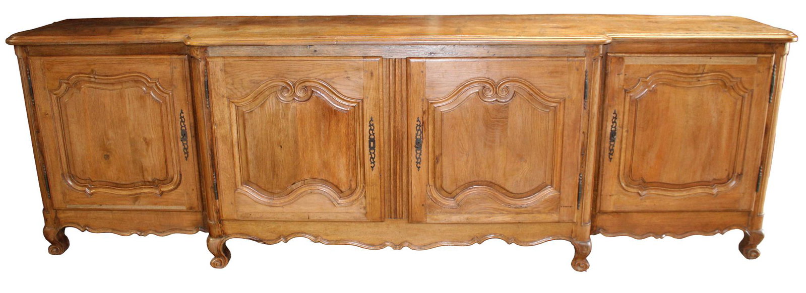 French Louis XV style 4 door enfilade in oak: French Louis XV style 4 door enfilade sideboard in oak. Early 20th century. 39 1/2"h x 127"l x 24 1/2"d