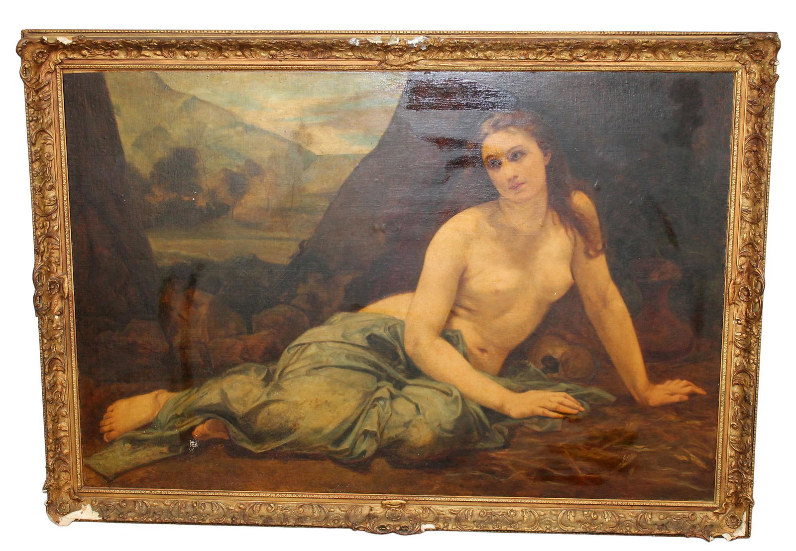 Antique bar room painting reclining nude: Antique bar room reclining nude oil on canvas painting. In antique plaster and wood frame. Late 19th century. Overall 45"h x 64"w, sight size 38"h x 56"w