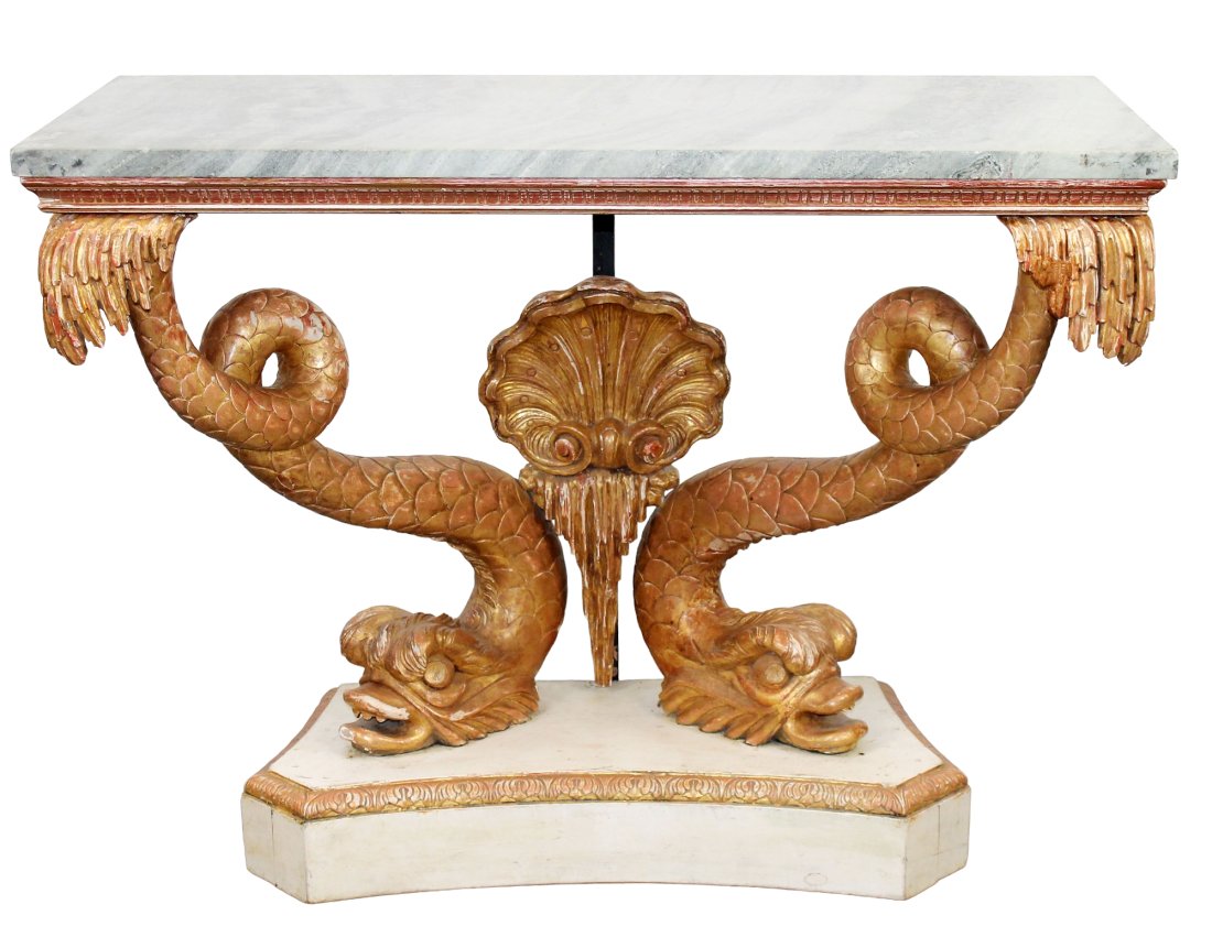 Antique Swedish carved and gilded dolphin base console table: Antique Swedish carved and gilded dolphin base console table with marble top. Circa 1820. 33 1/4"h x 42 1/4"w x 19 1/4"d