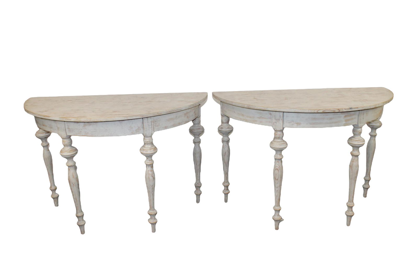 Pair of Swedish painted pine demi lune console tables: Pair of Swedish painted pine demi lune console tables. Mid 19th century. 29"h x 43 3/8"w x 21 1/4"d