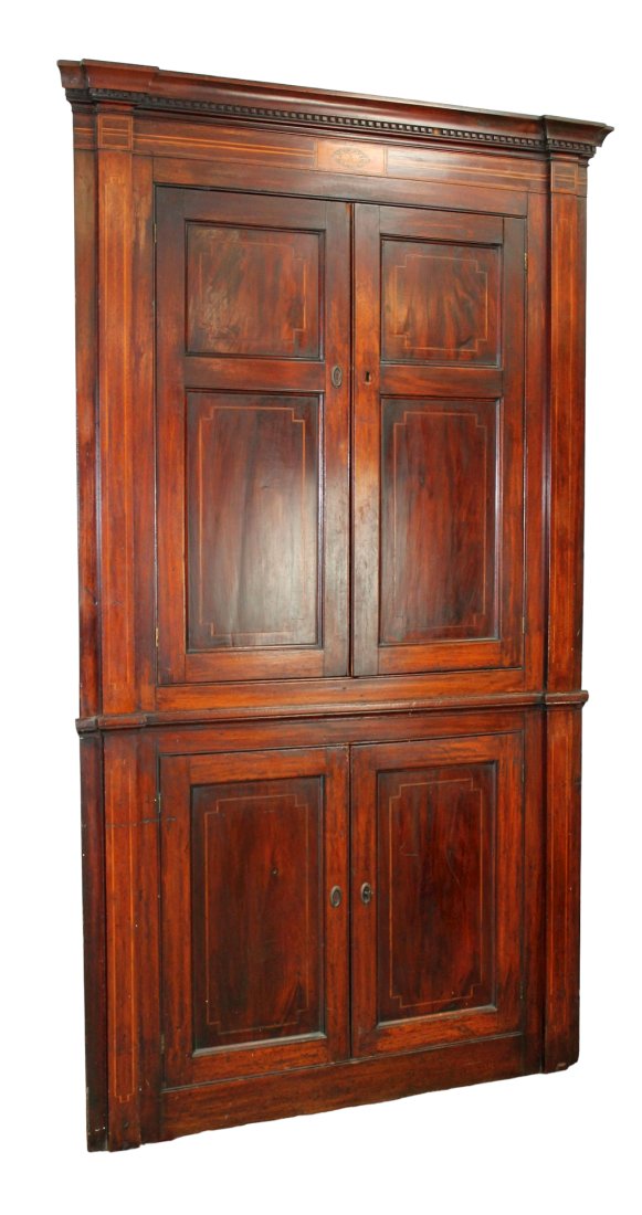 Antique English mahogany corner cabinet: Antique English mahogany corner cabinet with inlaid focal shell at the top. Early 19th century. 86 1/4"h x 48"w x 16"d