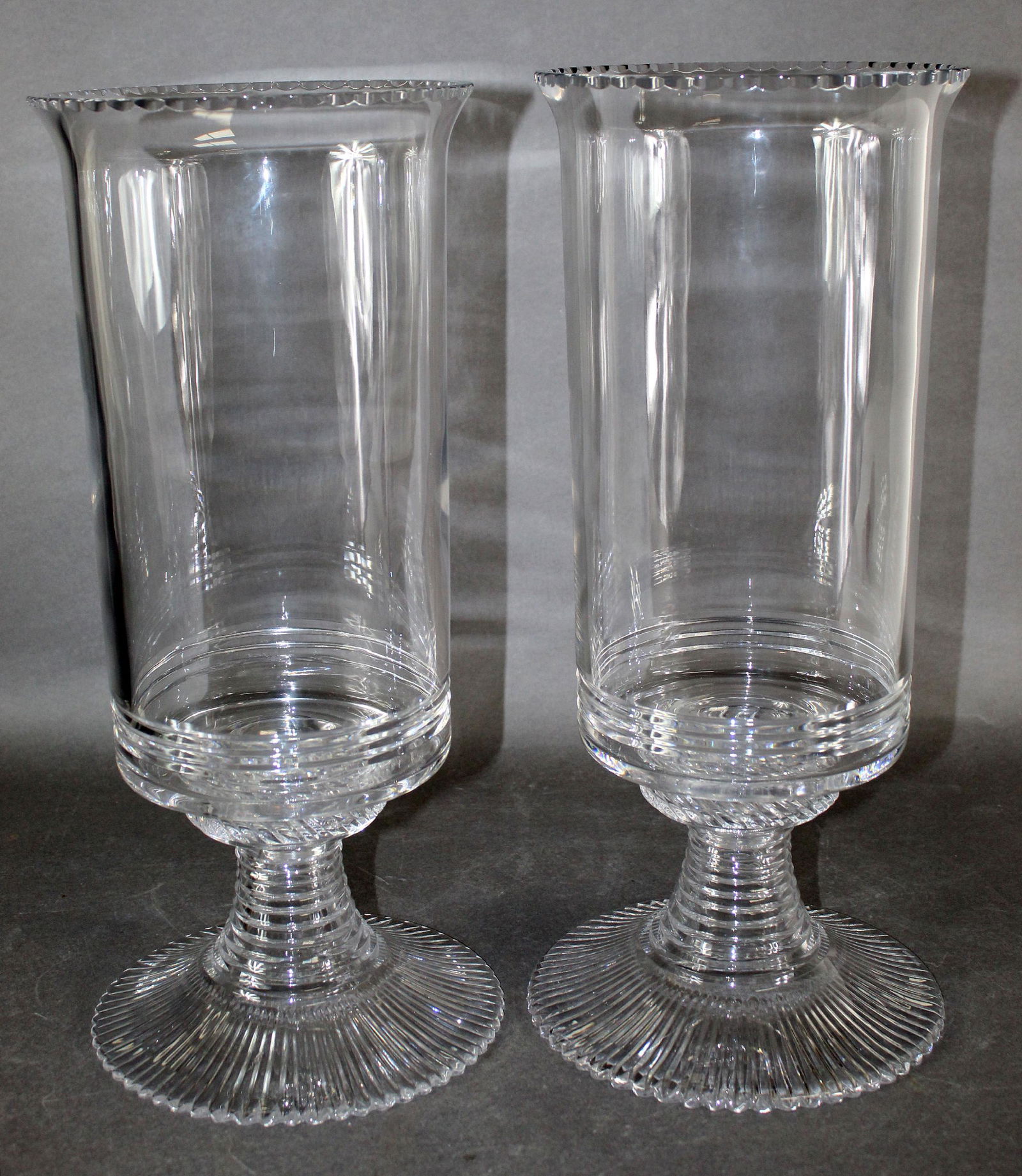 Pair William Yeoward crystal hurricane candle holders: Pair William Yeoward crystal hurricane candle holders 17 3/4"h x 8"diam