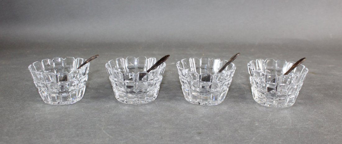 Lot of 4 William Yeoward Blodwyn crystal salt dish with spoon: Lot of 4 William Yeoward Blodwyn crystal salt dish with wooden spoons. 2"h x 3 1/4"diam