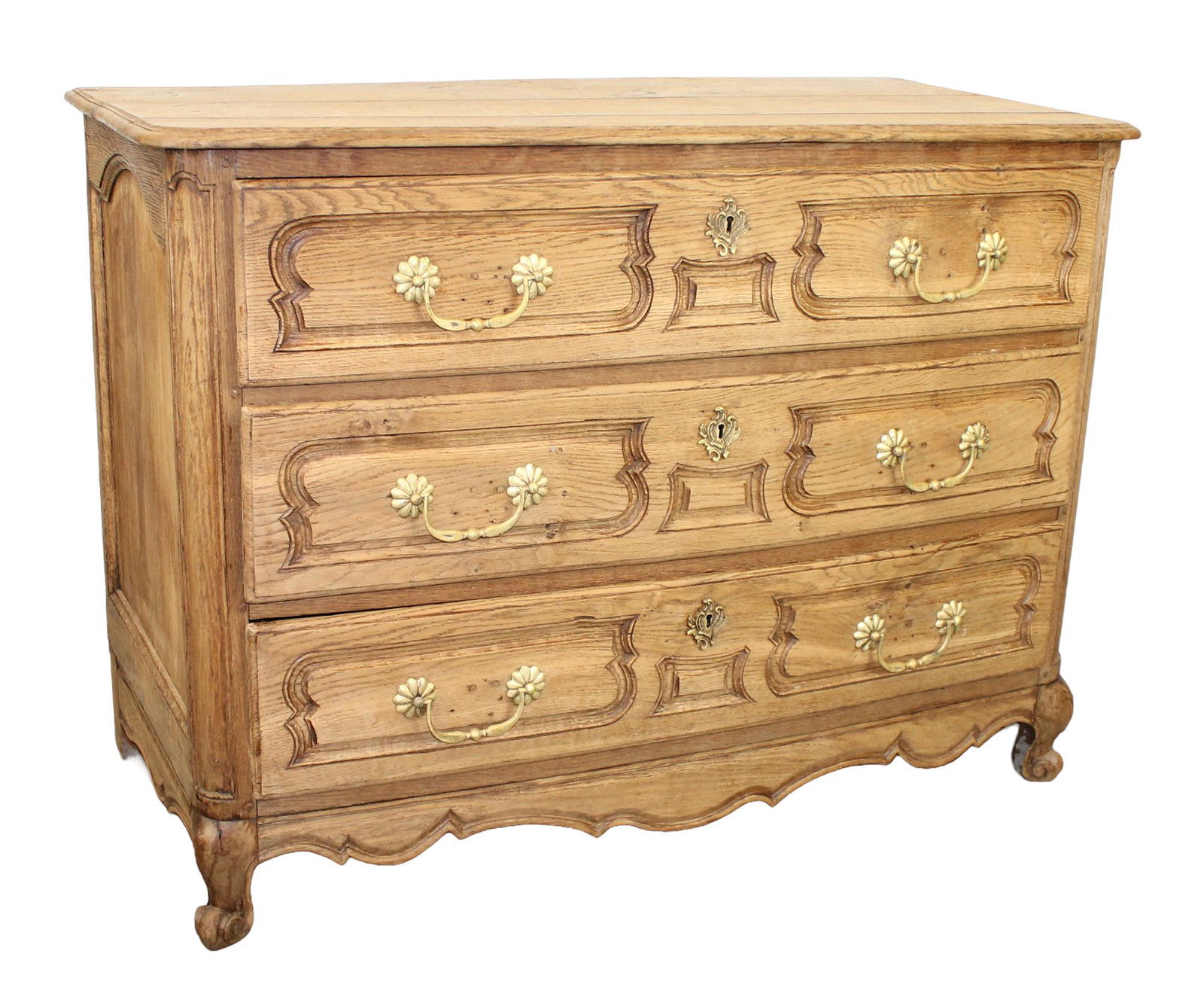 French 18th c bleached oak commode: French 18th century bleached oak 3 drawer commode. 38"h x 51 1/2"w x 25 3/4"d