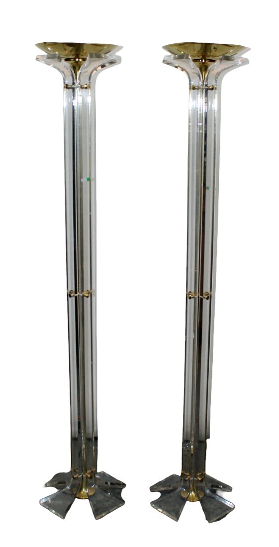 Pair vintage lucite and brass torchiere lamps: Pair vintage lucite and brass torchiere lamps. Circa 1970's. 75 1/2"h x 14 1/2"sq