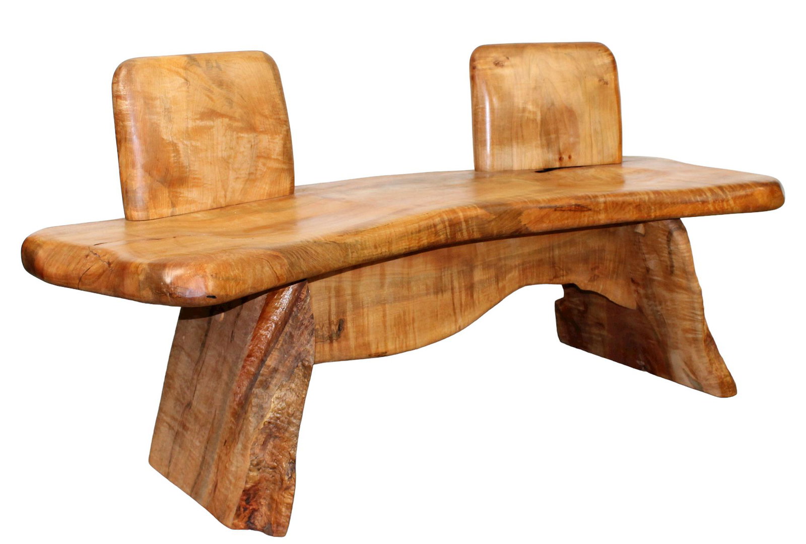 Brutalist solid maple bench with double back rest: Brutalist solid maple bench with natural edge and double back rest. 20th century. 31"h x 66"w x 24"d Seat 19"h