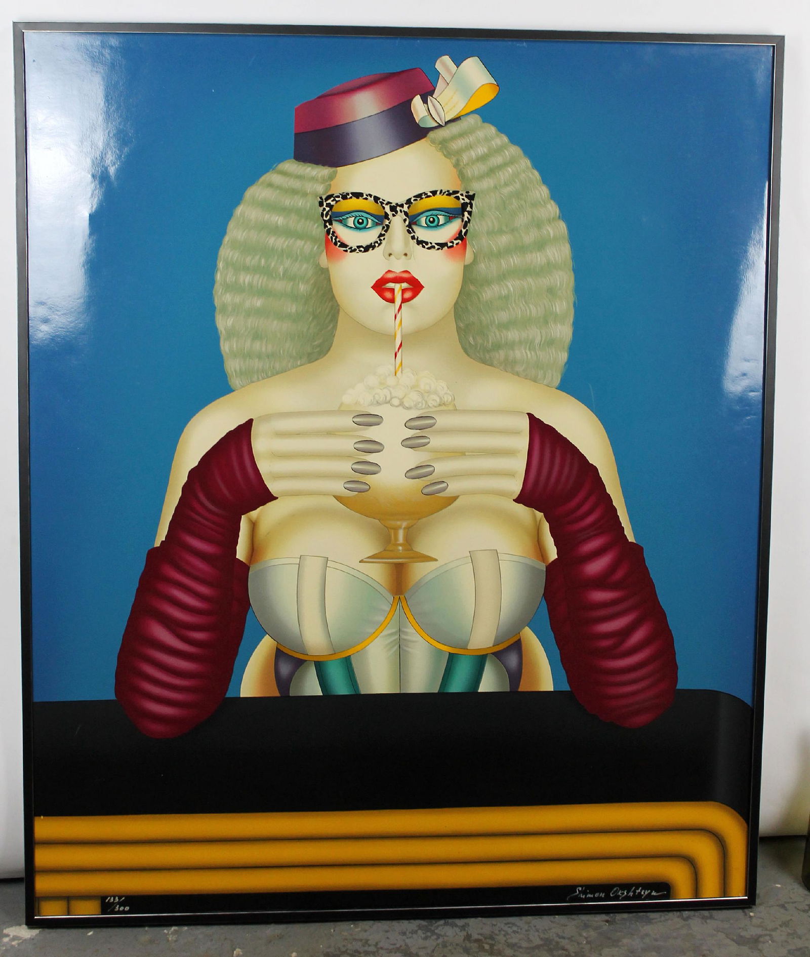 Shimon Okshteyn giclee on canvas portrait of a woman with straw: Shimon Okshteyn (Ukranian/American, 1951-2020) giclee on canvas portrait of a woman with straw. Signed l/r Shimon Okshteyn. Numbered 133/300. 49 3/4"h x 41 3/4"w