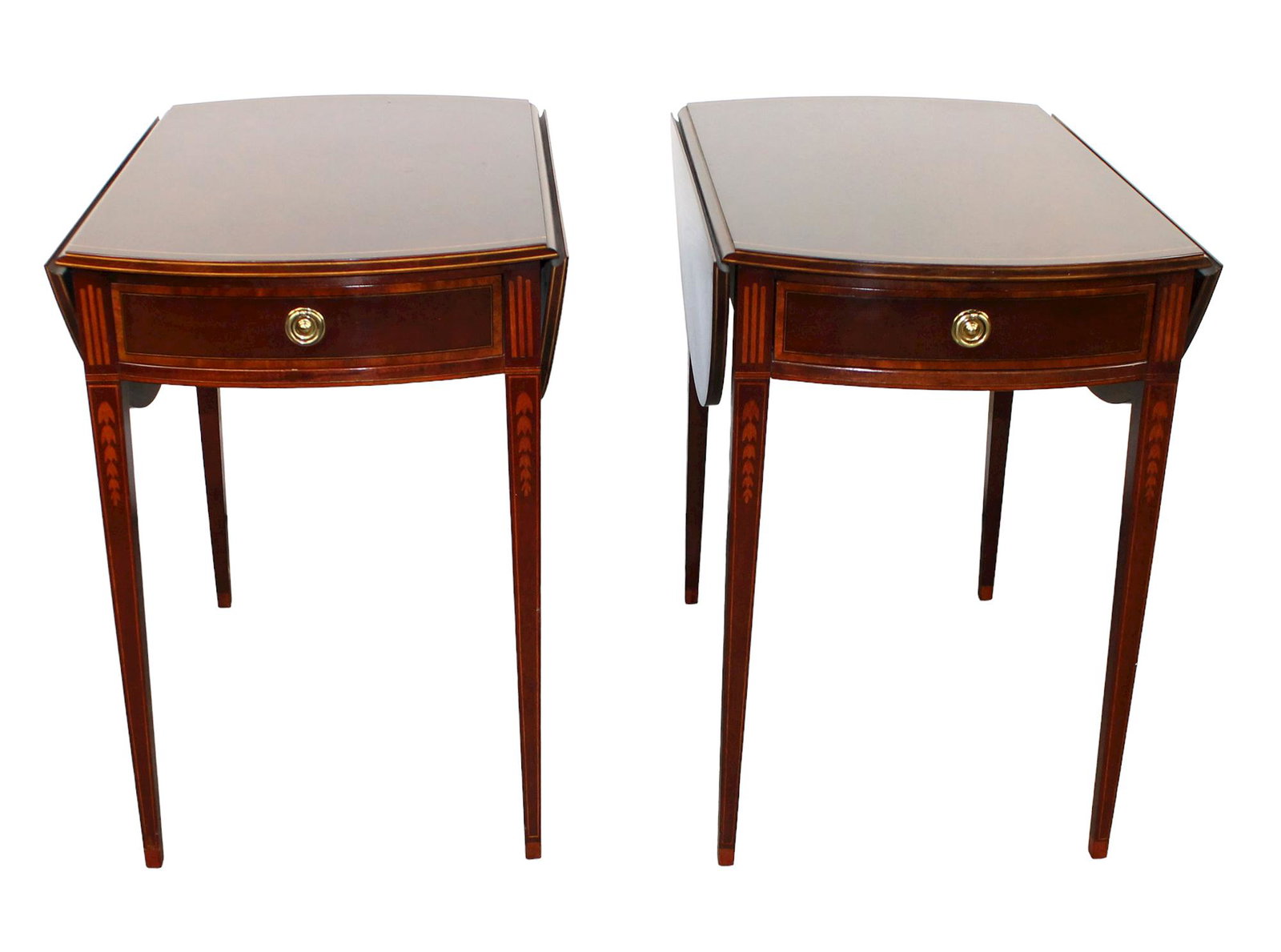 Pair Baker pembroke drop side tables: Pair Baker pembroke drop side tables. In mahogany on tapered legs with single drawer. 28"h x 19 1/2"w (38"w with sides up) x 30"d