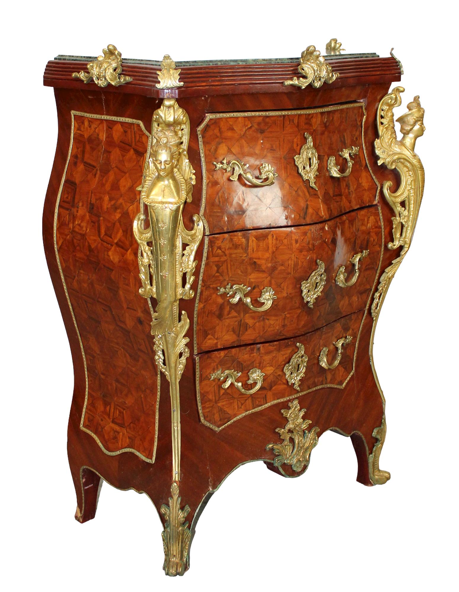 Marquetry 3 drawer commode with bronze mounts: Marquetry 3 drawer commode with bronze figural mounts and marble top. Mid 20th century. 37 1/2"h x 27 1/2"w x 16"d