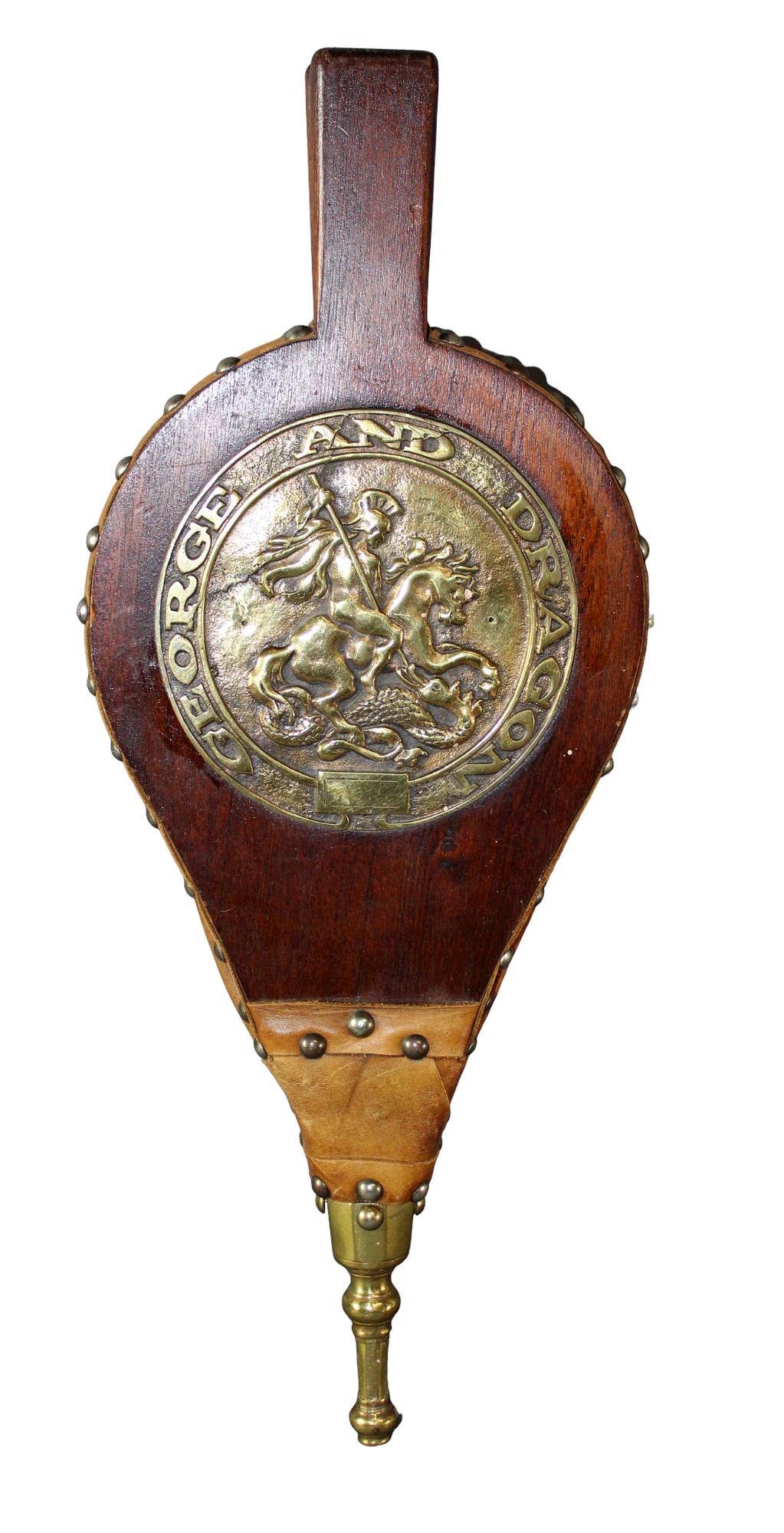Vintage fireplace bellows with brass plaque: Vintage fireplace bellows with "George & Dragon" brass plaque. 20 3/4"h x 8 1/4"w x 2"d