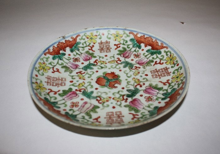 Chinese round plate decorated with bats & flowers: & Chinese characters. Block signed & wax export seal. Old repairs. Hairline crack