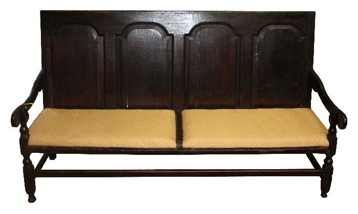 English 18th c. bench with raised panel back and: integrated upholstered seat. 72"l x 40.75"h x 30"d
