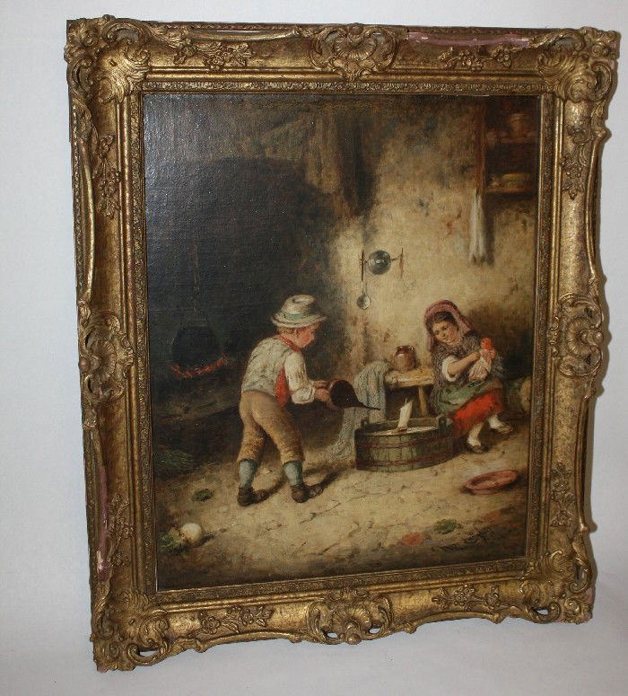 Oil on canvas-English-19th century-Signed Langlois: Interior scene with children. Attributed to Mark William Langlois (British, 19th century). 17"w x 21"h; Framed 21.5"w x 25.75"h