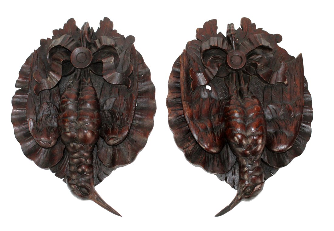 Lot of 2 Black Forest relief carved trophy plaques with birds (1 of 6)