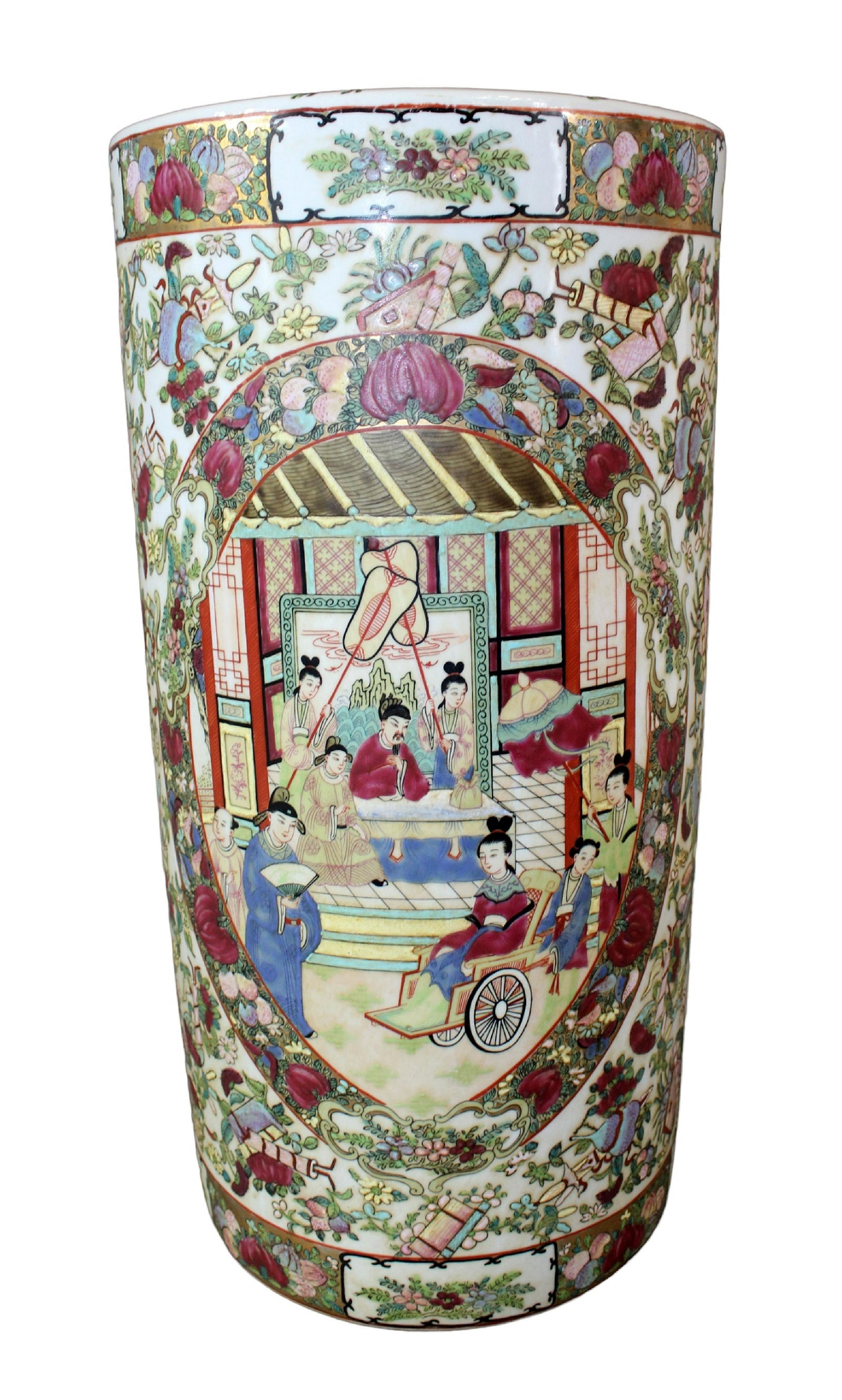 Chinese porcelain umbrella stand: Chinese painted porcelain umbrella stand 18" h x 9 1/4" diam