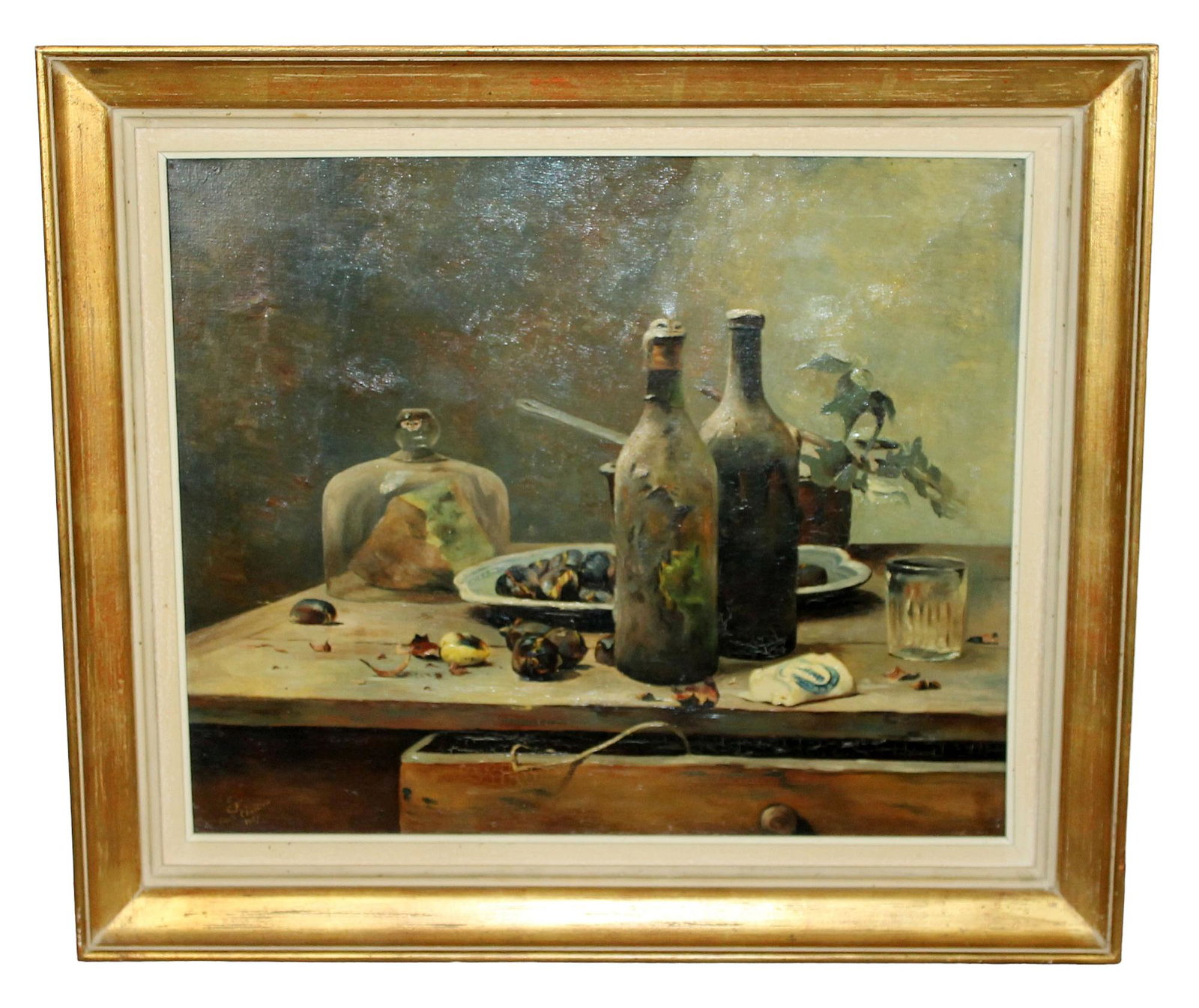 French oil on canvas painting still life with bottles: French oil on canvas painting still life with bottles. Signed CF d'apres (after) Chretien dated 1907. Overall 27 3/4"h x 32"w, sight size 21"h x 25"w