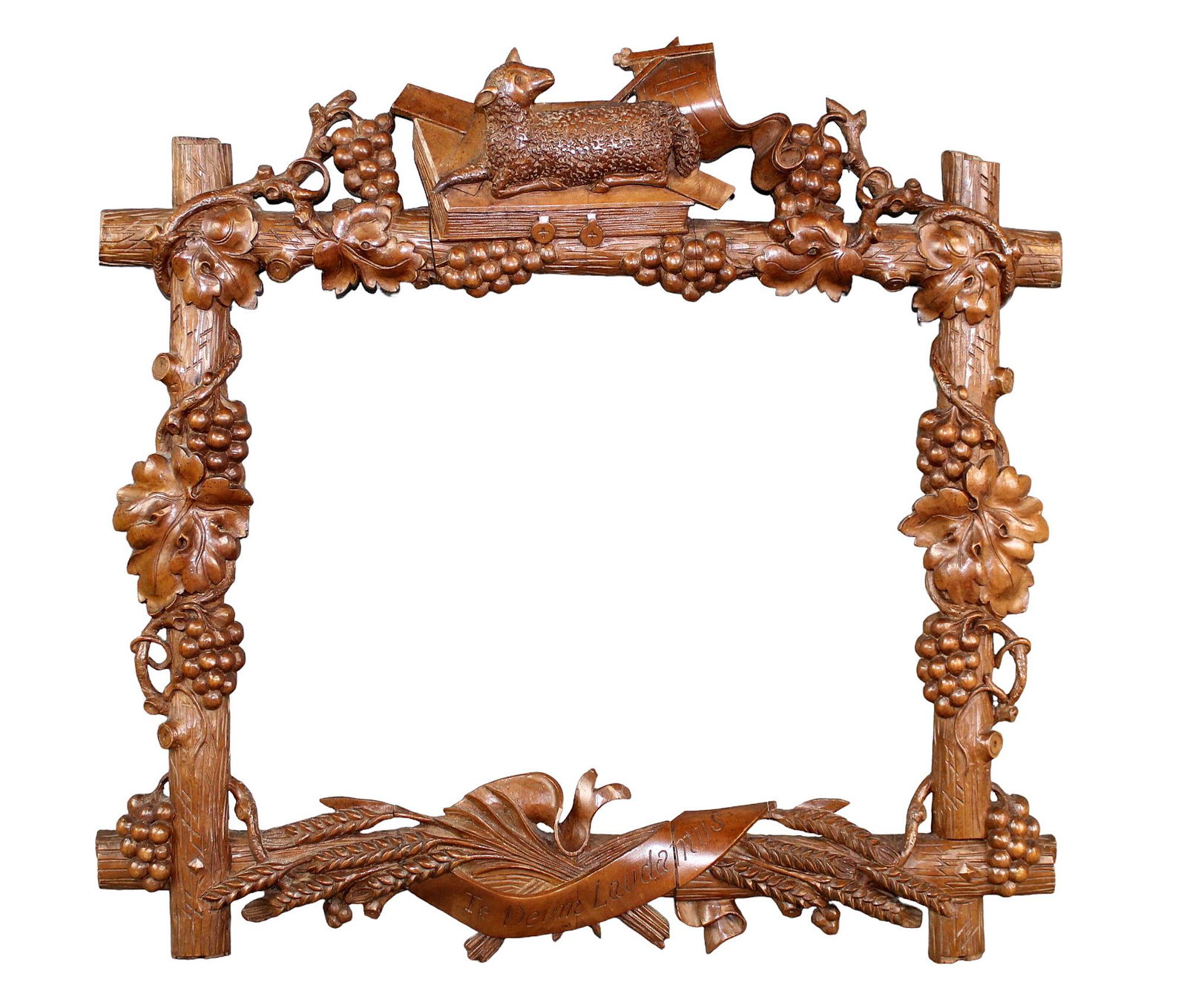 French relief carved frame with Latin scroll, grapevines and Lamb of