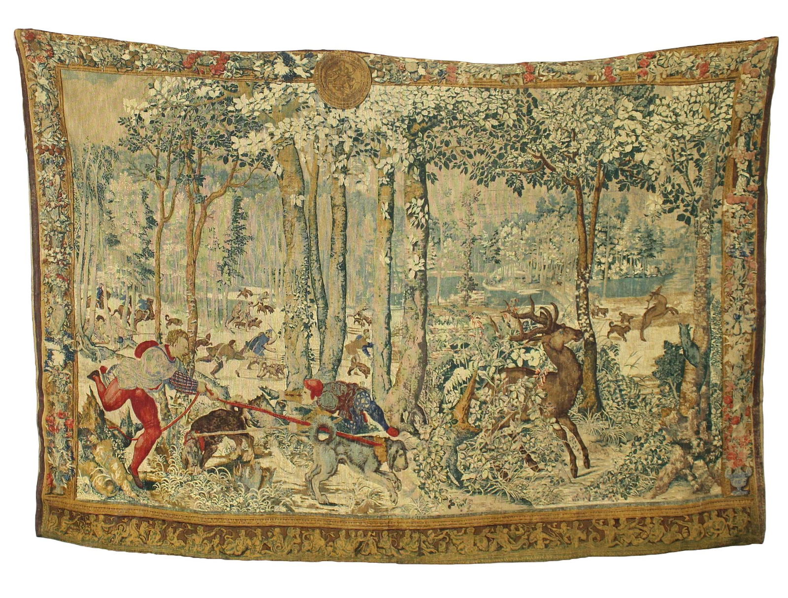 French Artis Flora color blocked tapestry after Chasse de Maximilien (1 of 13)