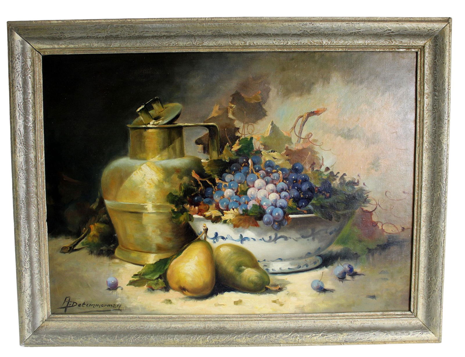 Continental oil on canvas still life with grapes in bowl and copper pot (1 of 7)