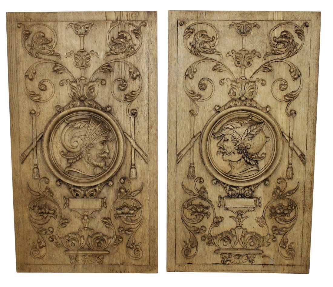 Pair of French carved oak panels with portrait plaques (1 of 7)