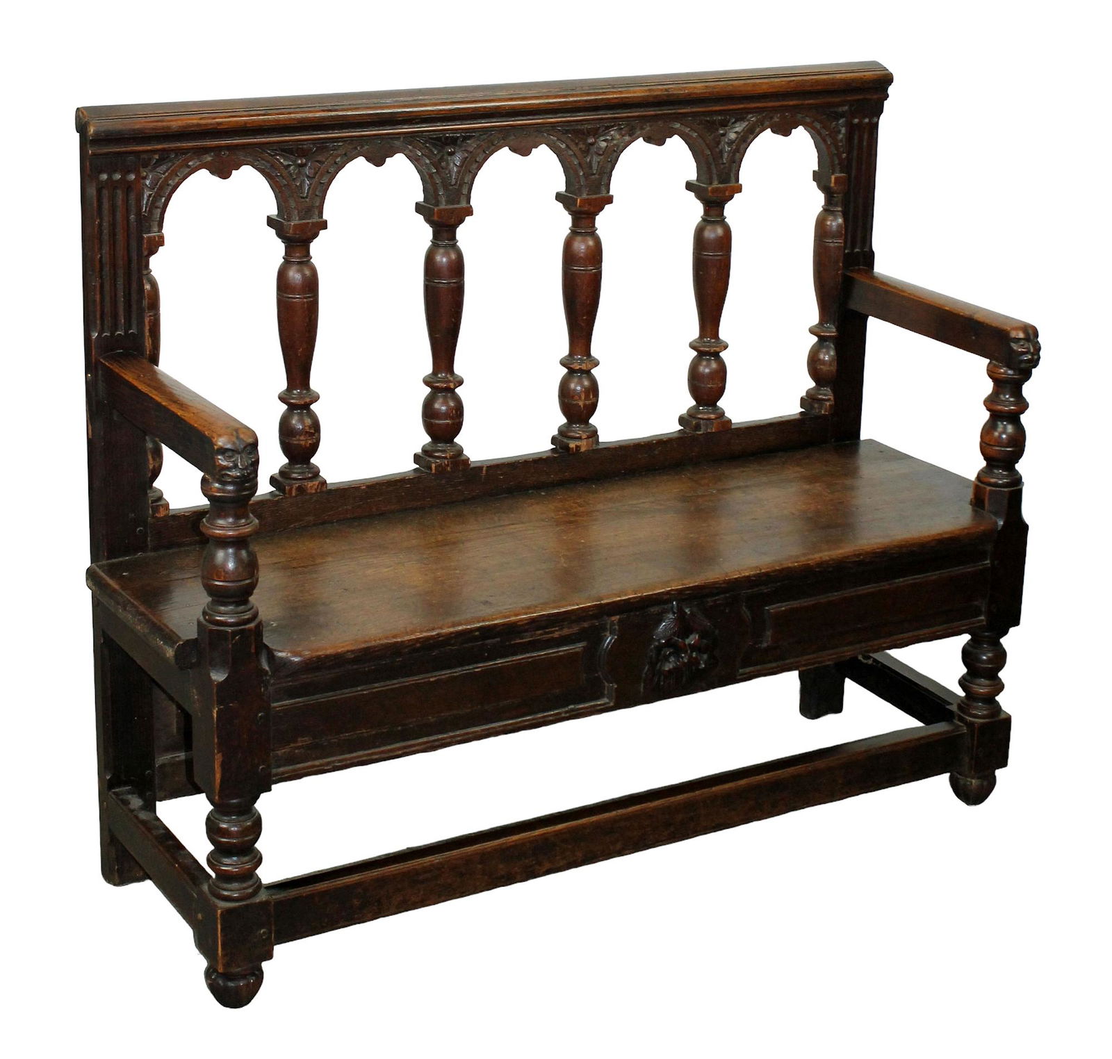 French carved oak hall bench with colonade back (1 of 9)