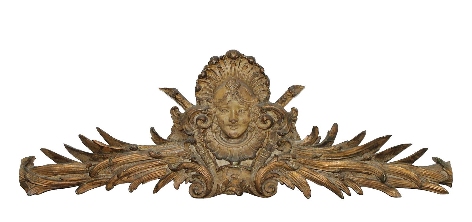 Antique French carved polychrome wooden crest with female mask (1 of 5)