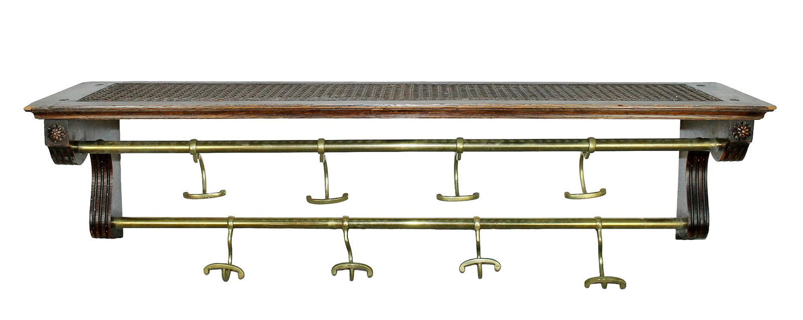 French hotel coat rack in oak with cane top and double brass bar with hooks (1 of 5)