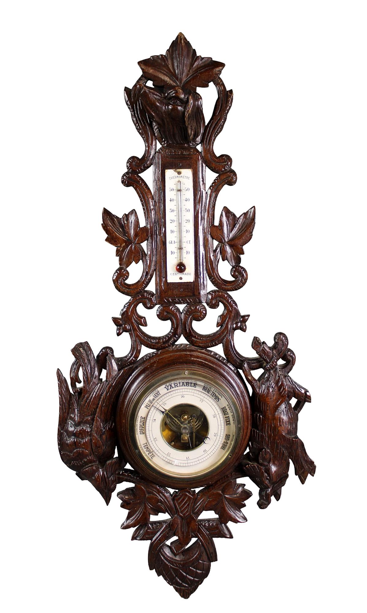 French hunt motif carved thermometer and barometer with dog head (1 of 11)