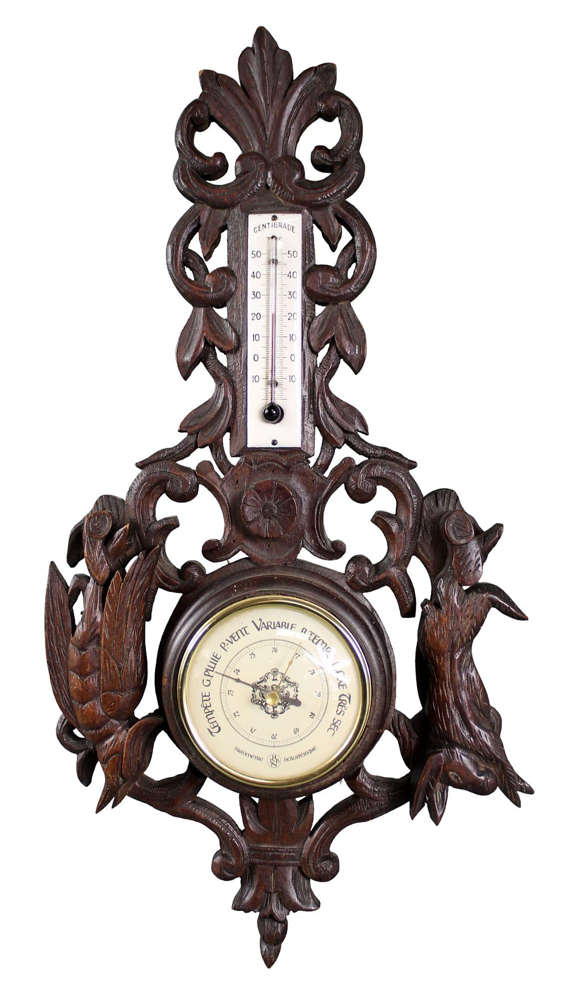 French hunt motif carved oak thermometer and barometer (1 of 6)