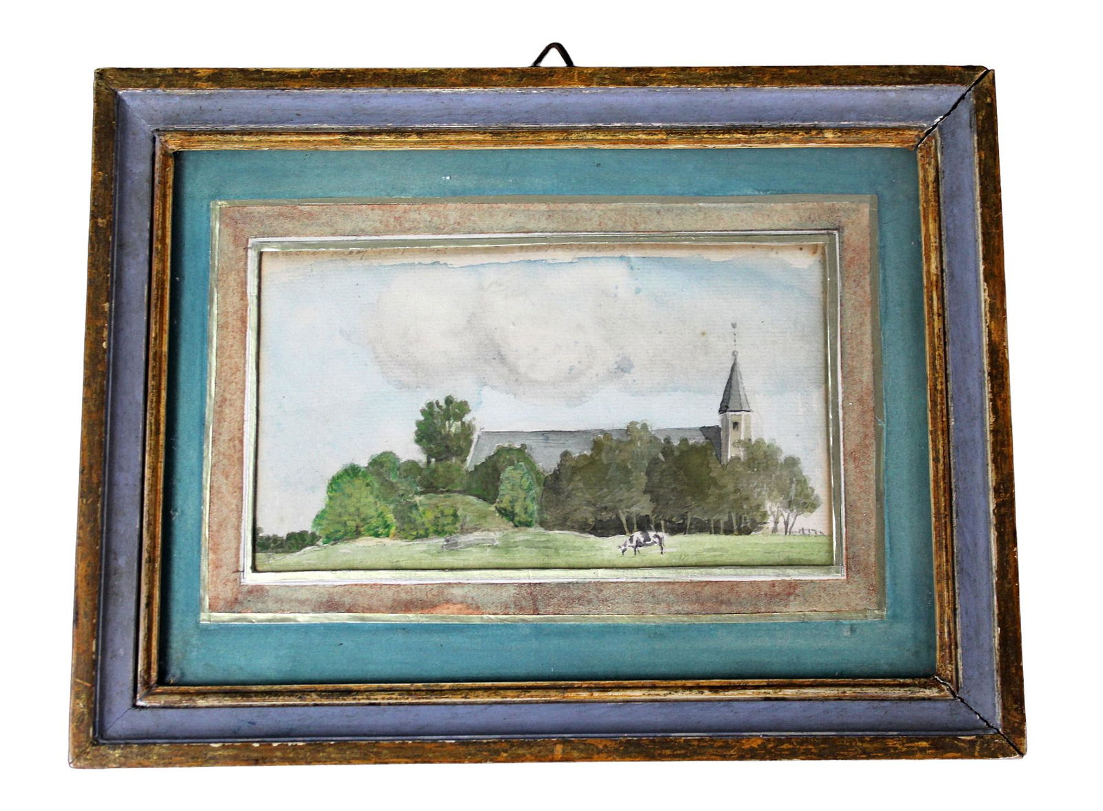 French watercolor painting landscape with church and cow (1 of 7)