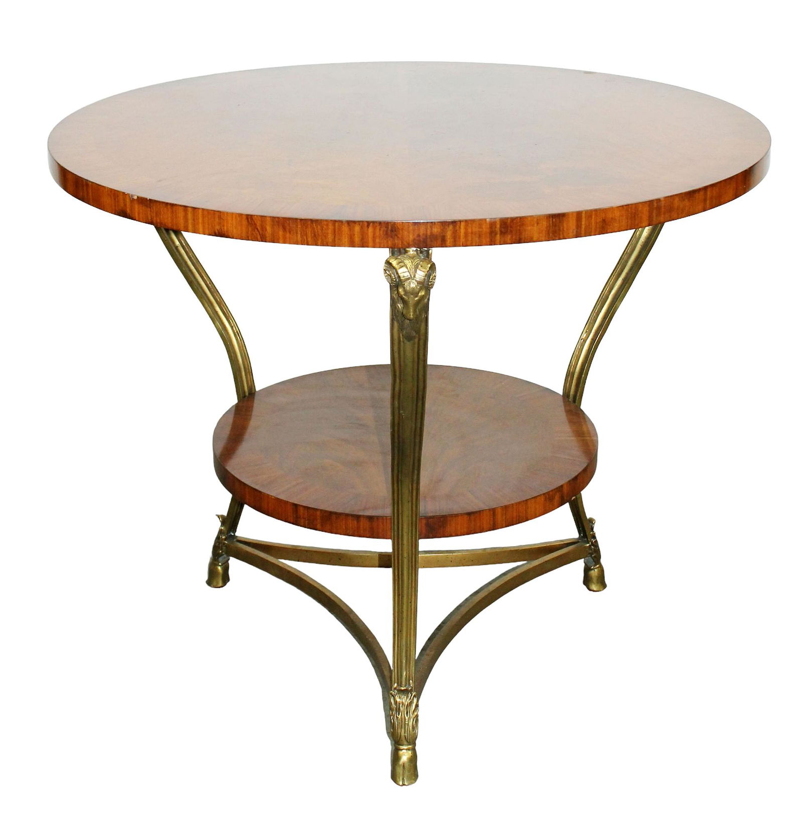Burled 2-tier gueridon or side table with brass rams heads (1 of 9)
