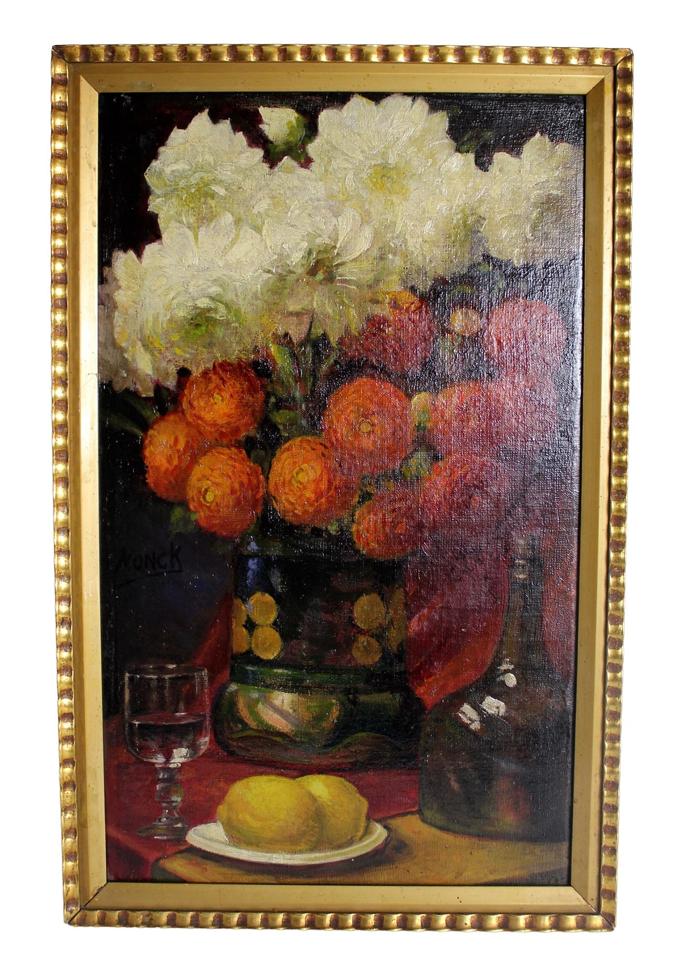 Oil on board painting still life with flowers and lemons: Oil on board painting still life with flowers and lemons. Signed Nonck middle left. Mid 20th century. Overall: 24 1/2" x 15 3/4" w Sight size: 22 1/4" h x 13 1/4" w