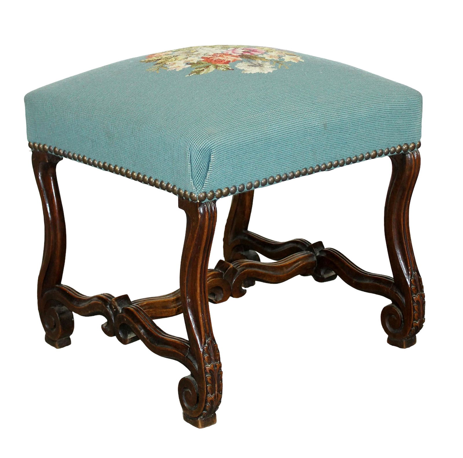 French carved walnut footstool with needlepoint seat (1 of 6)