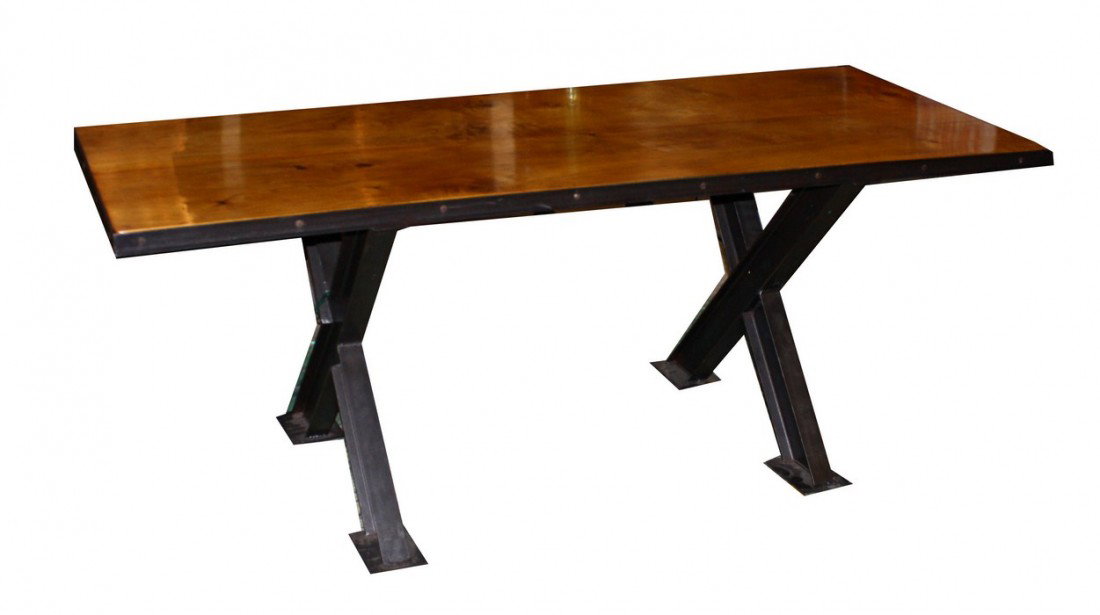 French Industrial table with steel cross stretcher: 77"l x 31"w x 30"h