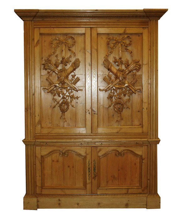 Monumental pine linen press: 95"h x 69"w x 27.5"d interior measurements are 50.5"h x 46.5"w and 23.25"d.